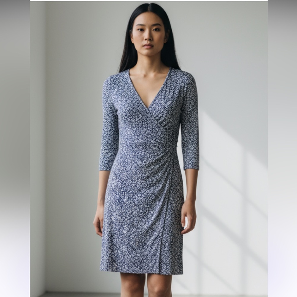 New Lauren by Ralph Lauren Cobalt Blue Ditsy Floral Knit Sheath Faux Wrap size 4